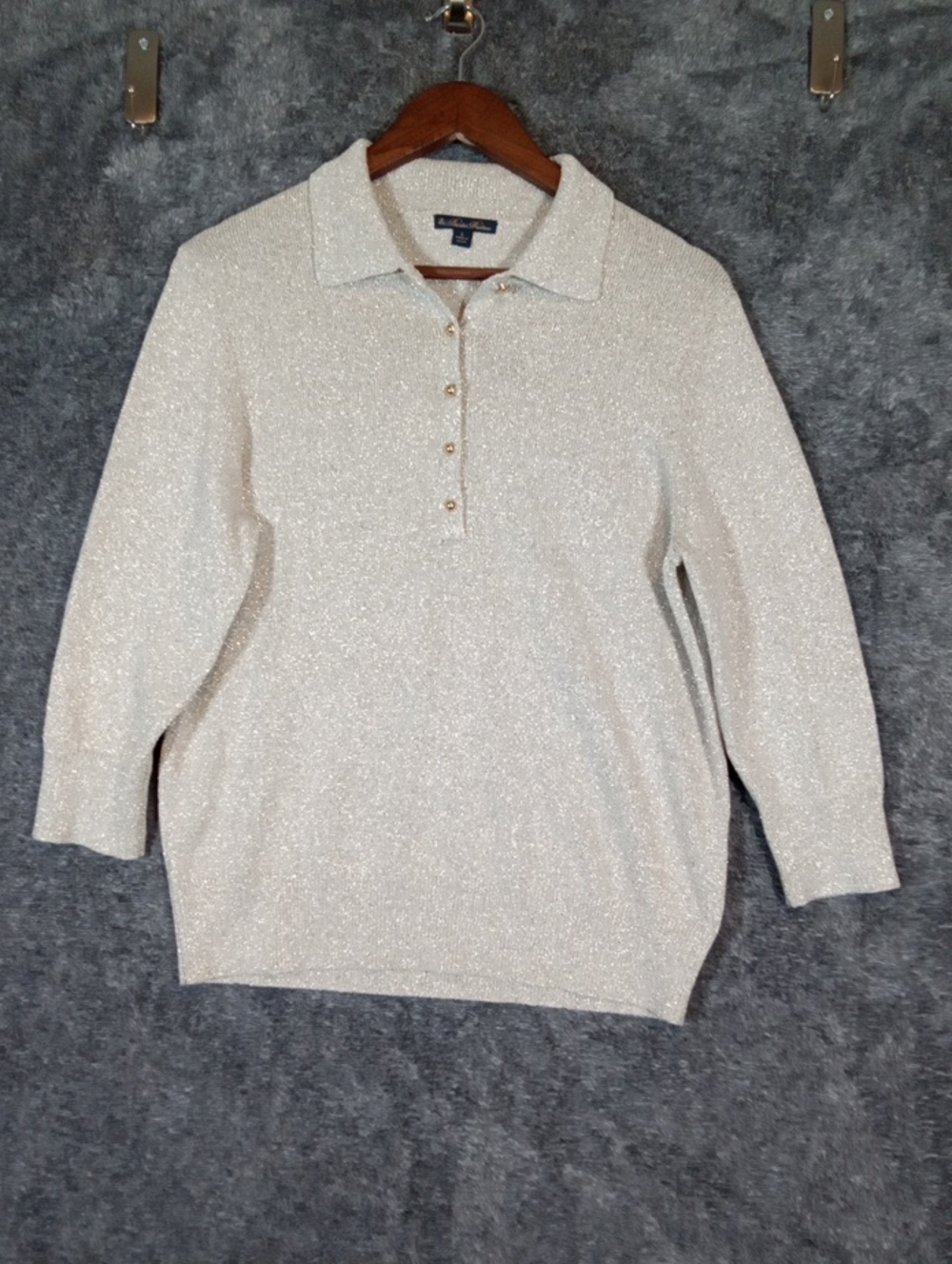 Brooks Brothers Metallic Knit Polo Sweater in Champagne Gold Dressy Business L